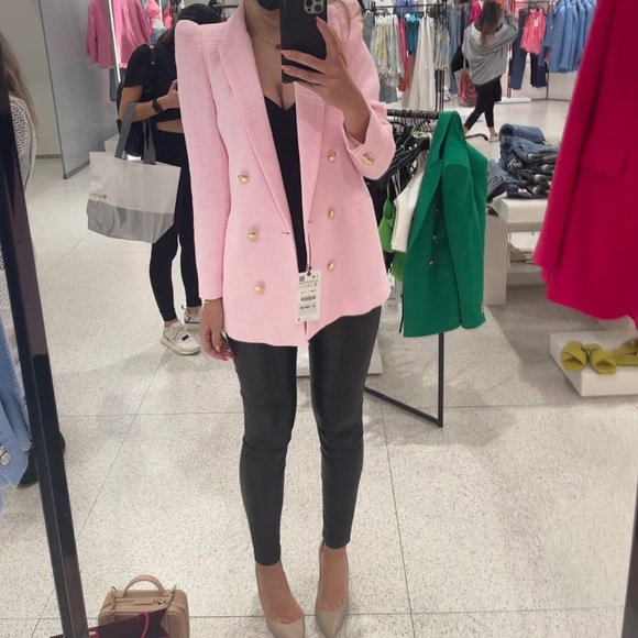 Zara buttoned textured weave blazer pastel pink size S - Picture 2 of 2